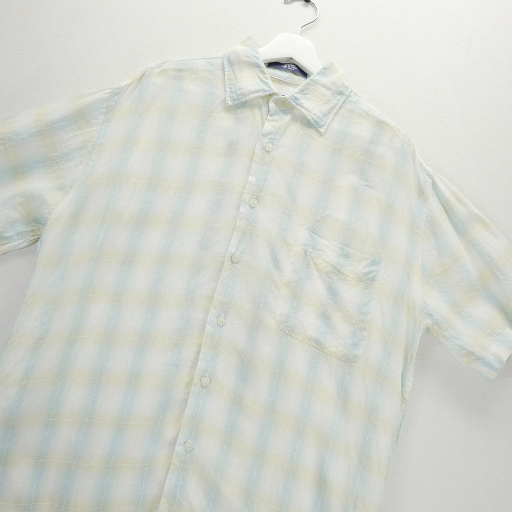 Alan Flusser Mens‎ M 100% Linen Short Sleeve Button Up Shirt Plaid Blue Yellow